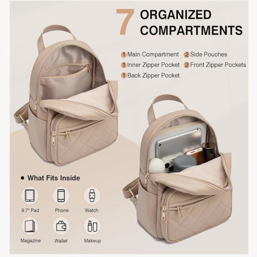 NWT Marvolia Mini Backpack for Women - Vegan Leather Small Fashion Purse Khaki - Picture 10 of 12